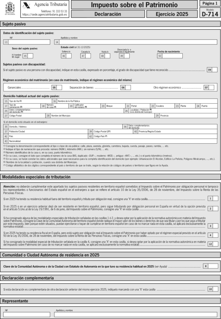 Modelo 714 Wealth Tax page 1